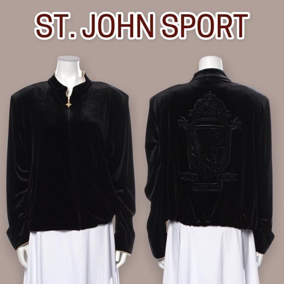NWT ST. JOHN SPORT Black Velour Evening Crest Track Jacket XL - Picture 1 of 9